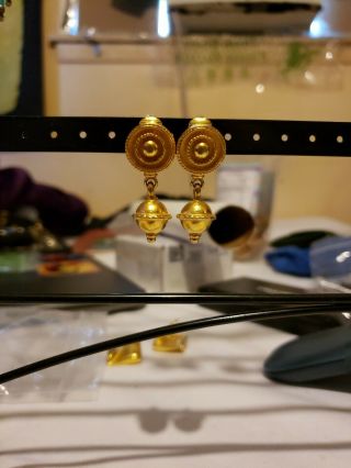 Vtg 80s Ben - Amun Designer Gold Tone Drop Dangle Runway Earrings Clip On