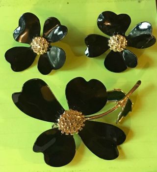Vintage Sarah Coventry Black Dogwood Brooch Metal With Clip Matching Earrings