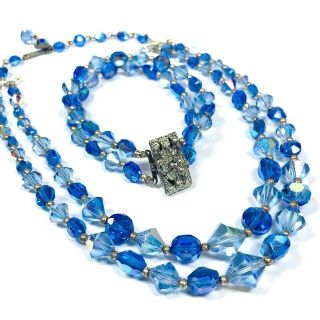 Vintage Ab Glass Rhinestone Choker Necklace Bracelet Set Blue Double Strand