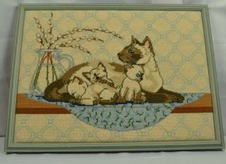 Vtg Needlepoint Cat Wall Hanging Framed Siamese Momma And Kittens Blue Tan