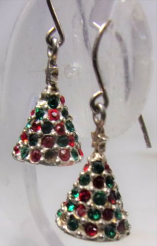 Vintage Signed Sterling Silver Rhinestone Christmas Tree Dangle Earrings