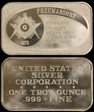1973 1oz.  999 Silver Vintage Art Bar - Freemasonry - Ussc