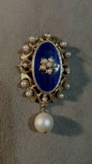 Florenza Vintage Pin Brooch Pendant Gold Tone Pearl And Cobalt Blue Glass Stone