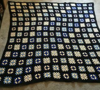 Vintage Handmade Granny Square Crocheted/knitted Afghan/blanket 65x65 Blue/black
