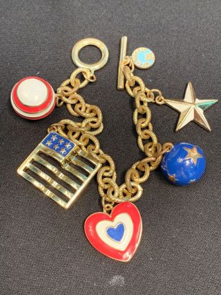 Vintage Liz Claiborne Gold Bracelet Usa Red White Blue Flag Heart Charm Star