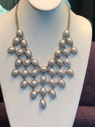 Vintage White Pearl Cabochon Beaded Extra Large Bib Statement Necklace Jewelry