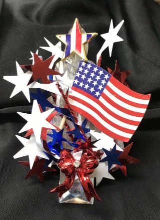 Fun Patriotic Flag & Stars Vintage Rhinestone Christmas Tree Pin Brooch Laheir