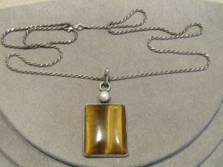 Large Vintage Sterling Silver Tigers Eye Pearl Pendant Necklace 24 "