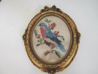 Small Vintage Hand Embroidered Framed Picture Of A Bird