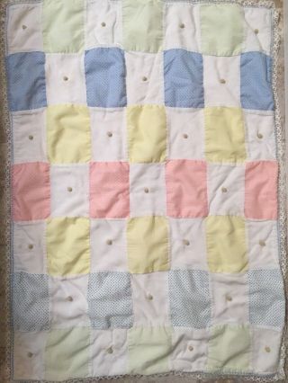 Vintage Baby Blanket Quilted Squares Polka Dots Lace Ruffles