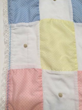 Vintage Baby Blanket Quilted Squares Polka Dots Lace Ruffles 3
