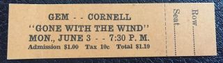 Gone With The Wind Vintage Movie Ticket Circa 1940 