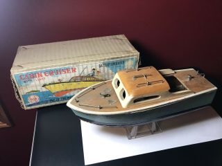 Vintage Linemar Wood Boat Cabin Cruiser Battery Operated