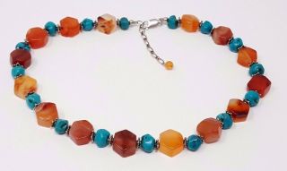 Vintage Sterling Silver Natural Turquoise Agate Bead Necklace 15 "