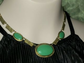 Vintage Art Deco Green Czech Peking Glass Gold Tone Necklace 4