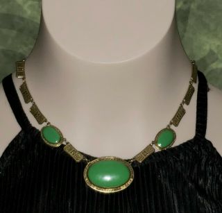 Vintage Art Deco Green Czech Peking Glass Gold Tone Necklace 5