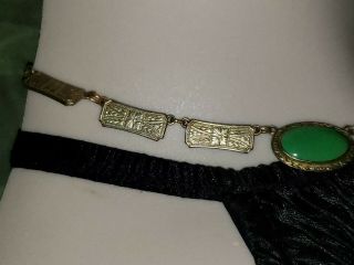Vintage Art Deco Green Czech Peking Glass Gold Tone Necklace 8
