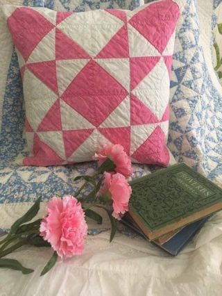 Sweetest Patchwork Pink & White Cottage Perfect Vintage 30s Quilt Pillow 14 "