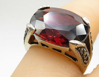 925 Silver - Vintage Garnet Marcasite Accented Cocktail Ring Sz 5.  5 - R7957