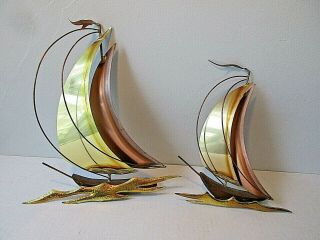 Pair Vintage Lazer Cut Metal Brass/copper Sailboat Wall Hanging Sculptures