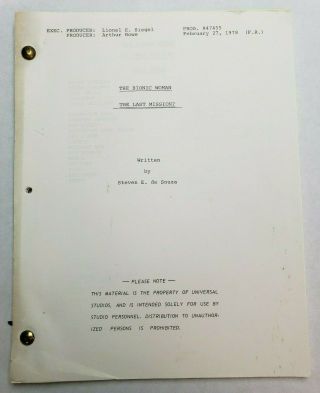 The Bionic Woman / Steven E.  De Souza 1978 Tv Script Lindsay Wagner " On The Run "