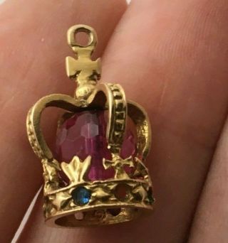 Vintage London 375 9ct Gold Royal Crown With Gemstones Charm / Pendant - 2.  56g