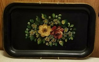 Vintage Tole Hand Painted Floral Metal Tray Rectangle With Hanger 14x9