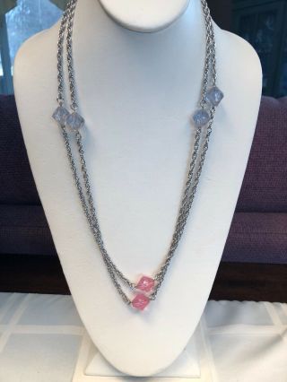 Vintage Sarah Coventry Signed Necklace Silver Chain Pink Gray Lucite Beaded 54”