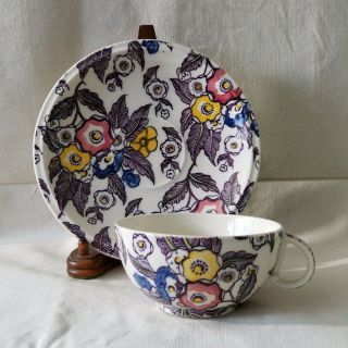 Vintage VERNON KILNS METLOX Grace TEACUP SAUCER Modern Purple Floral COFFEE MUG 3