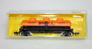 Vtg Bachmann N Scale Train Car Shell Oil Dome Tanker Triple 5422 Orange Gas