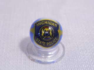 Vintage Guernsey Glass Michigan State Police Crest Multicolor Blue White Marble