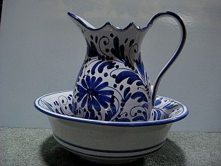 Vintage Blue And White Pitcher And Bowl Made In Italy