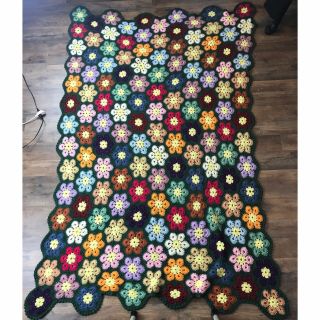 Vtg Handmade Crochet Afghan Green Multicolor Floral Octagon Extra Large 79”x49”
