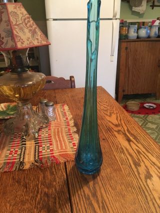 Vintage Blue Glass Swung Vase,  Diamond Foot At Base Over 17.  5 Tall