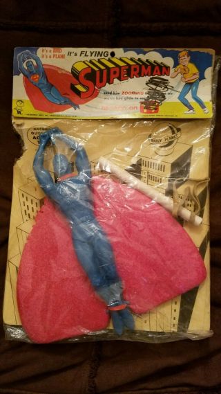 Vintage Hasbro 1965 Flying Superman Action Toy On Card As Seen Tv Daily Planet
