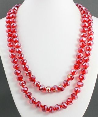 Vintage Red Ab Aurora Borealis Crystal Glass Bead Long Necklace