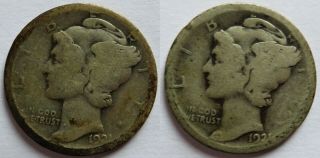 1921 - P/d Mercury Silver Dimes 10c,  Vintage 10 Cent Coin (092146j)