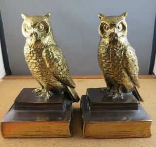 Brass History Class Owl Metal Bookends Vintage Philadelphia Mfg Company 6 1/2 "