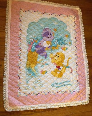 Vintage Care Bears Baby Crib Comforter Blanket Thin Quilt Pink Blue Yellow