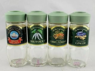 4 Vintage Mccormick Spice Jars Green Lid Arrowroot Curry Ginger Five Spice