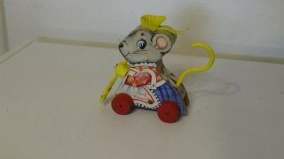 1962 Vintage Fisher Price Merry Mousewife Pull Toy Sweeping Mouse Ship