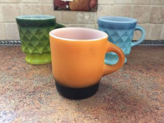 3 Vintage Anchor Hocking Fire King Coffee Cups Green Blue Orange
