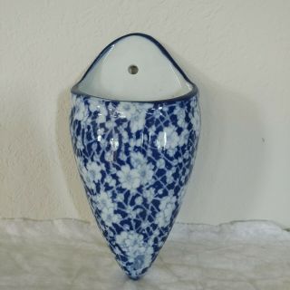 Vintage Blue White Wall Pocket Sconce Planter Vase Floral Collectible