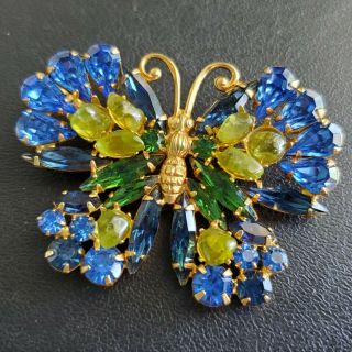 Juliana Vintage Peridot Gem Sapphire Blue Rhinestone Butterfly Brooch Pin P97