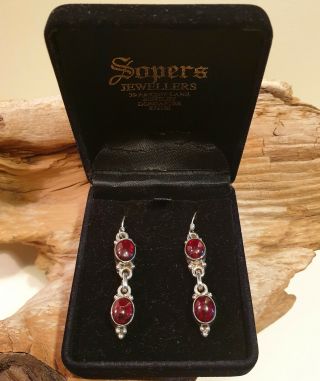 Vintage 925 Solid Sterling Silver and Garnet Cabochon Drop Earrings 2
