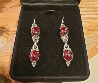 Vintage 925 Solid Sterling Silver and Garnet Cabochon Drop Earrings 3