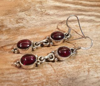 Vintage 925 Solid Sterling Silver and Garnet Cabochon Drop Earrings 4