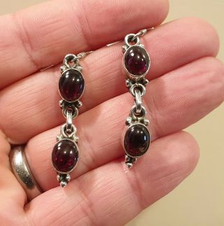 Vintage 925 Solid Sterling Silver and Garnet Cabochon Drop Earrings 6