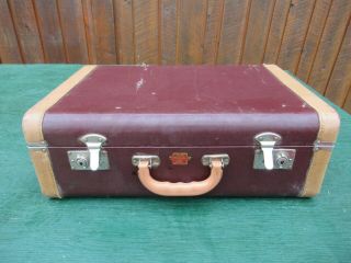 Vintage Suitcase Burgundy And Tan Color Luggage 18 " Long Great For Decoration