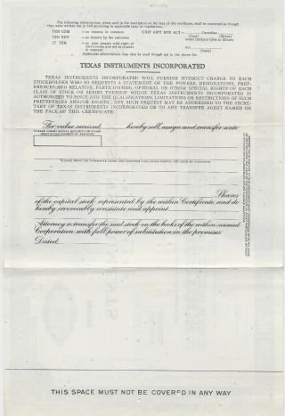 Vintage 1975 Texas Instruments Certificate Of Stock Shares Blue W/Paperwork 2 2